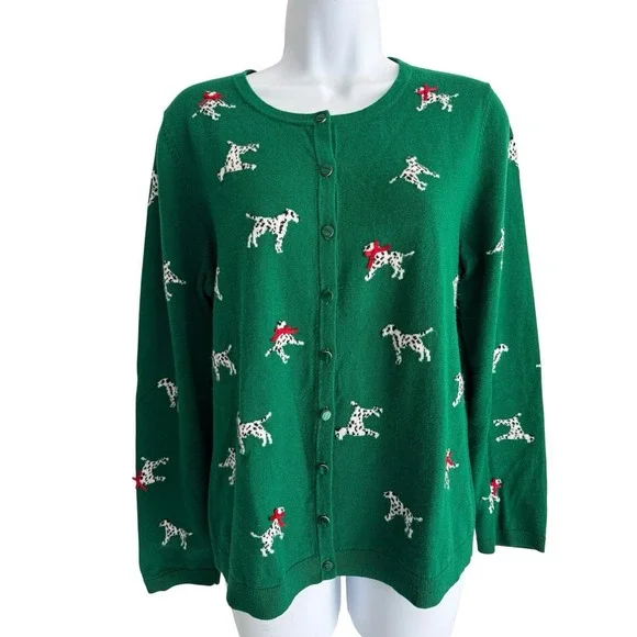 Talbots Women Cardigan Sweater M Dalmation Dog Green - Picture 2 of 7